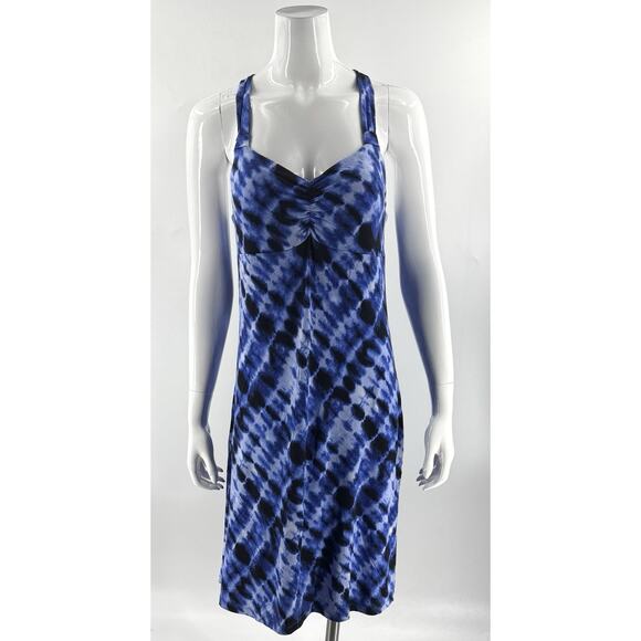 Dakini Geo Dress Sz Medium Blue Tie Dye Shelf Bra Fit Flare Stretch Knit Womens - Picture 1 of 8